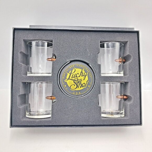Lucky Shot Bullet Whiskey Glasses- Set of 4 With Matching Coasters And Holder - Picture 10 of 15